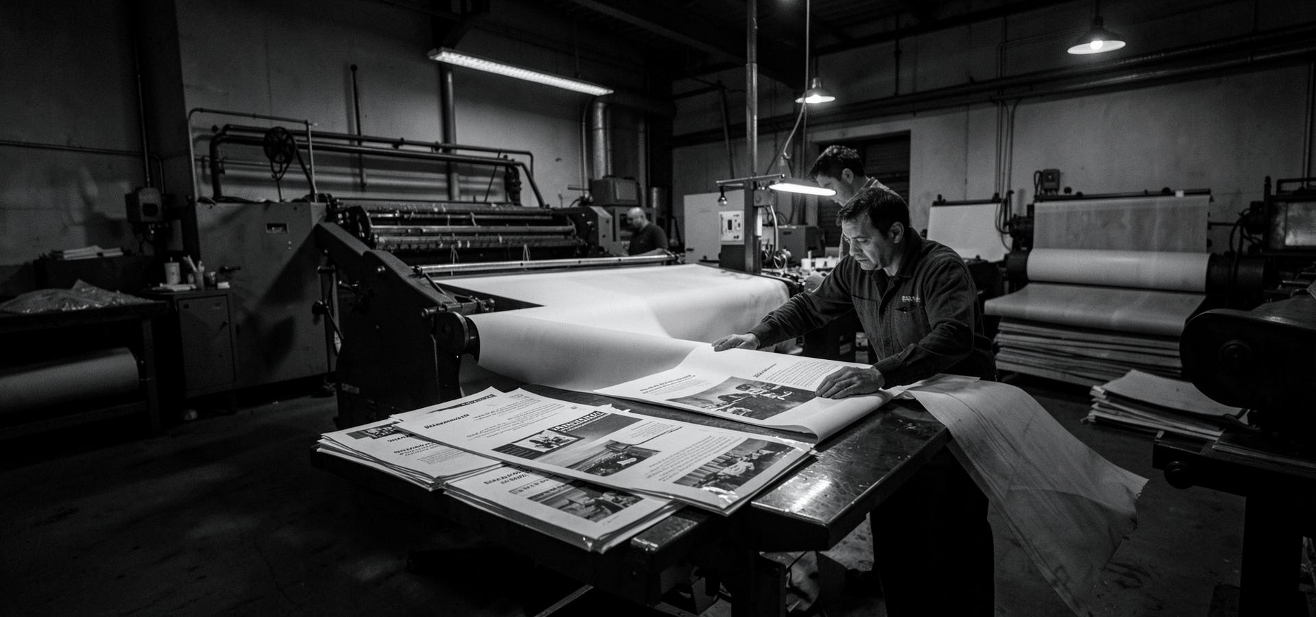 Large-format print workshop with institutional report sheets on press