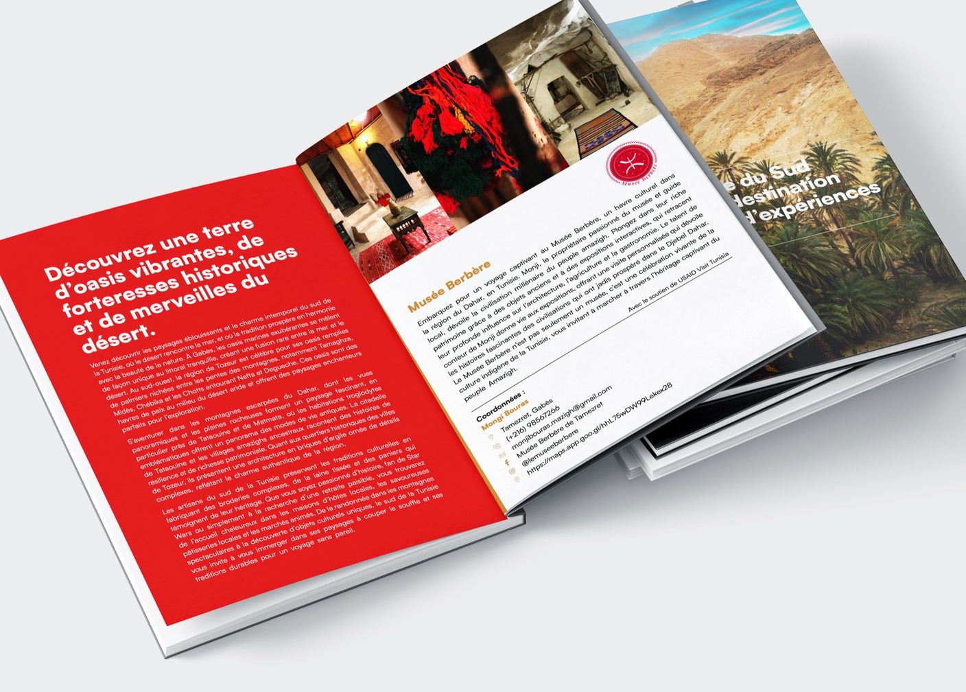 Sud tunisien tourism guide, open red spread with the Musée Berbère page and a desert oasis cover