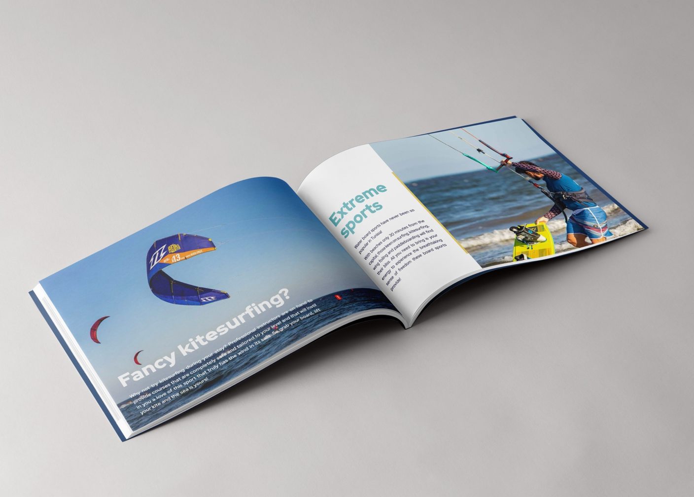 Open sustainable tourism catalogue spread with kitesurfing photography from Tunisia